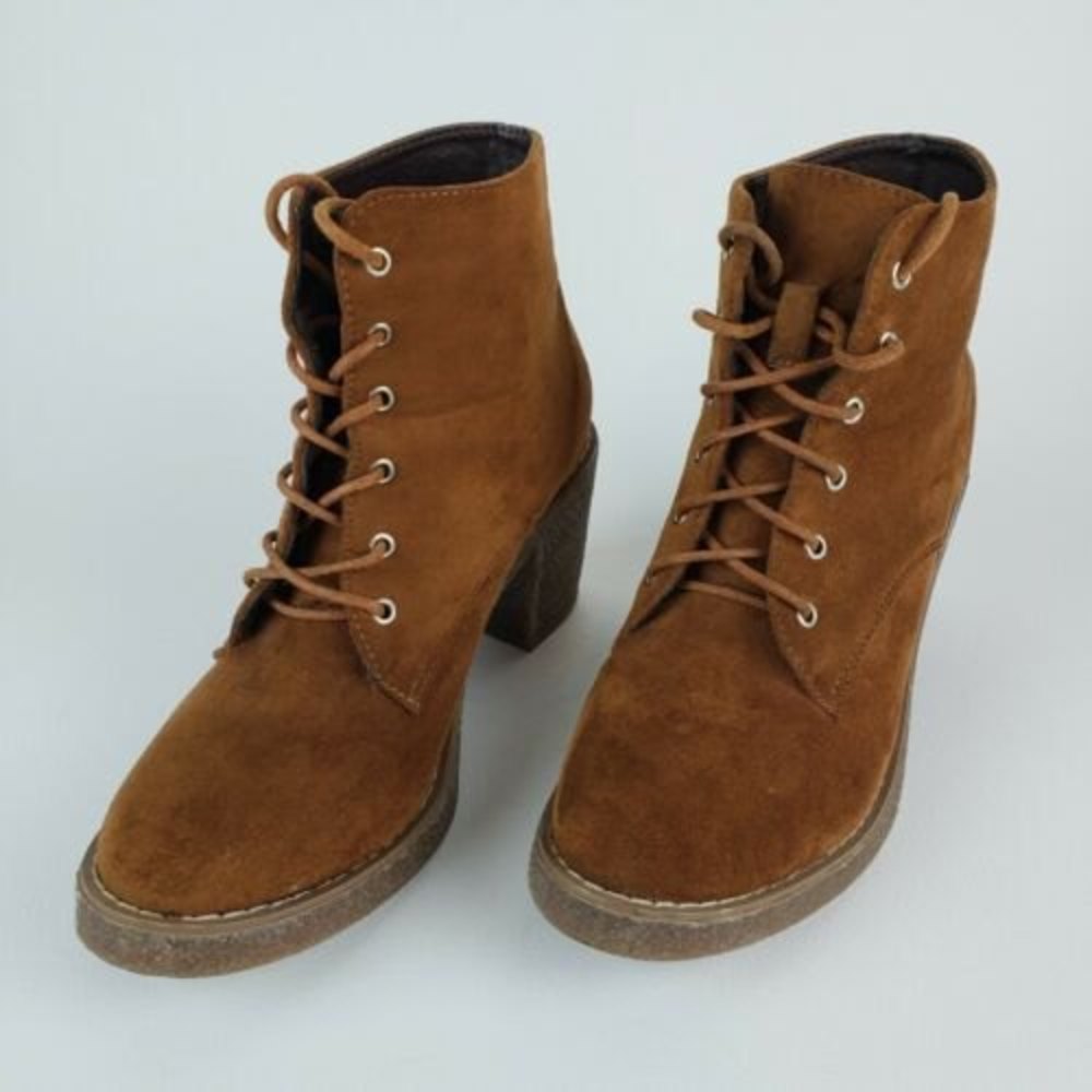 SHEIN Tan Lace-Up Ankle Booties